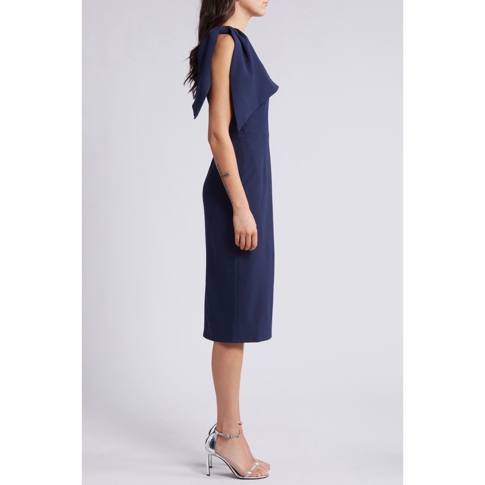 New! Dress the Population Tiffany One Shoulder Midi Dress Midnight Blue Medium - Picture 4 of 9